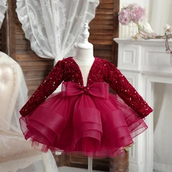 HETISO Girls Party Dresses Long Sleeve V-Neck Kid's Children Elegant Dress for Girl Sequined Tutu Wedding Ball Gowns 4 6 8 10Y