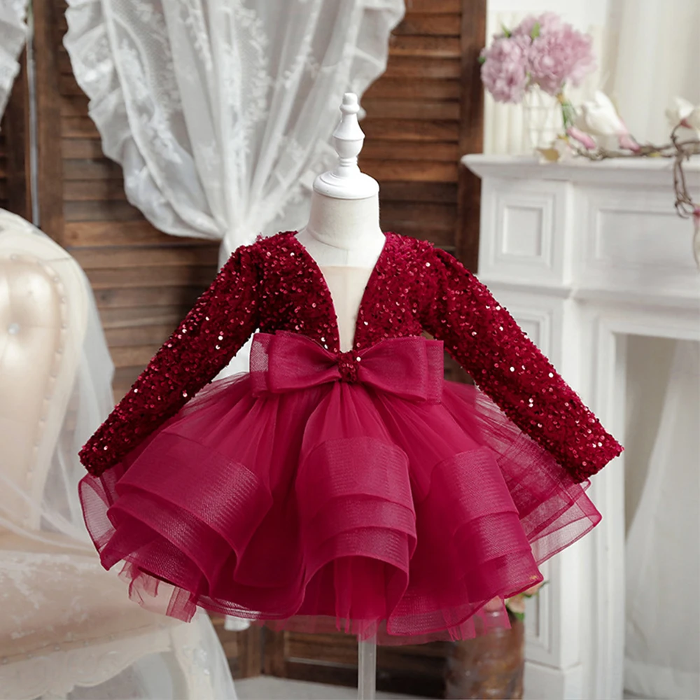 HETISO Girls Party Dresses Long Sleeve V-Neck Kid's Children Elegant Dress for Girl Sequined Tutu Wedding Ball Gowns 4 6 8 10Y