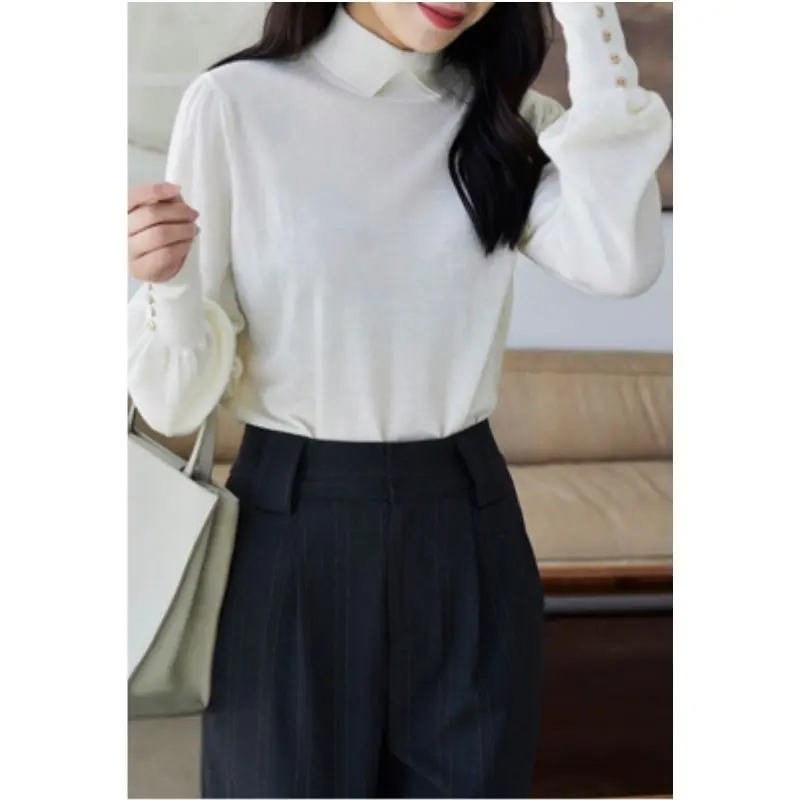 Autumn Winter New Button Long Sleeve Solid Sweaters Elegant Fashion Women Clothing Temperament Neck Knitting Pullovers Top