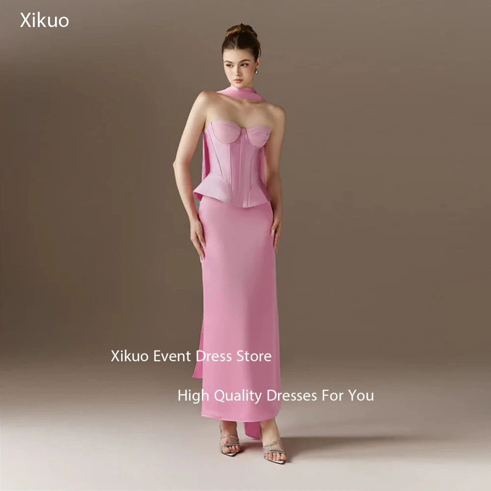 

Xikuo Glamorous Pink Evening Dresses Straight Vestidos De Fiesta Elegantes Pink Satin Cocktail Celebrity Dresses Customized
