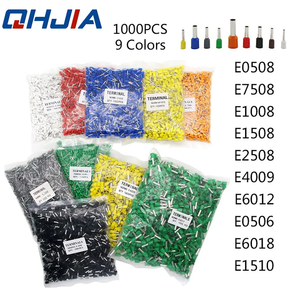 1000PCS Tubular Crimp Terminals Electrical Wire Cable Ferrules Connectors E0508 E7508 E1008 E1508 E2508 E4009 E6012 Ring Sleeve