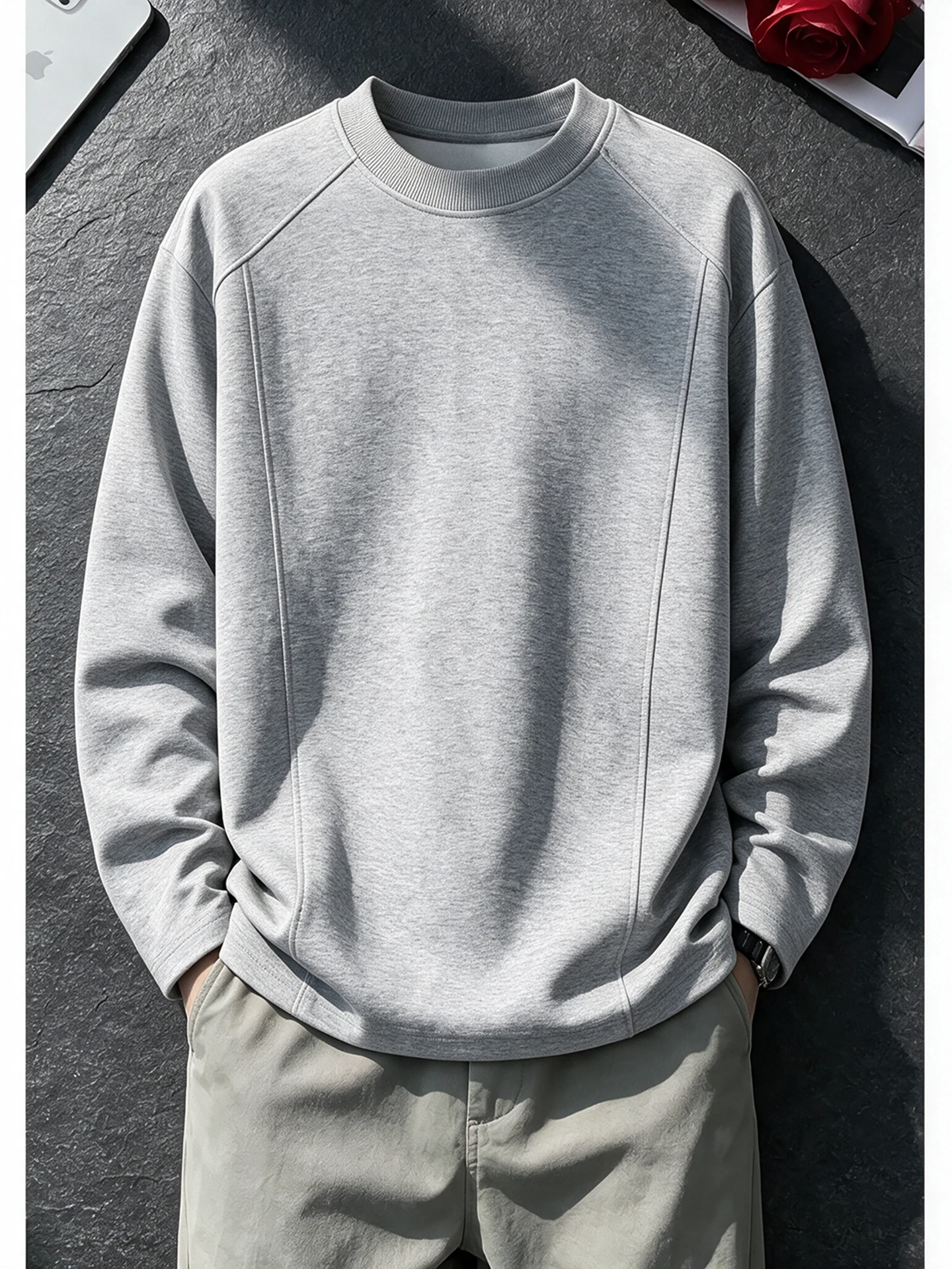 Gray Deconstructed Shoulder Long Sleeve T-Shirt Men's Autumn American Heavyweight Boxy Sweatshirt Inner Wear Base Shirt