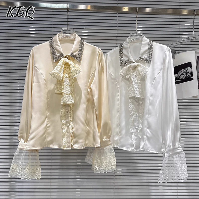 

KBQ Solid Spliced Diamonds Loose Loose Blouse for Women Laple Long Sleeve Patchwork Lace Minimalist Chic Shirt Female Fashion