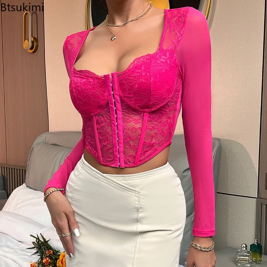New Chic Sexy​ V Neck Long Sleeve Mesh Crop Top Women Solid Lace Embroidery Hollow Out Slim Blouses Front Clouse Fishbone Tops