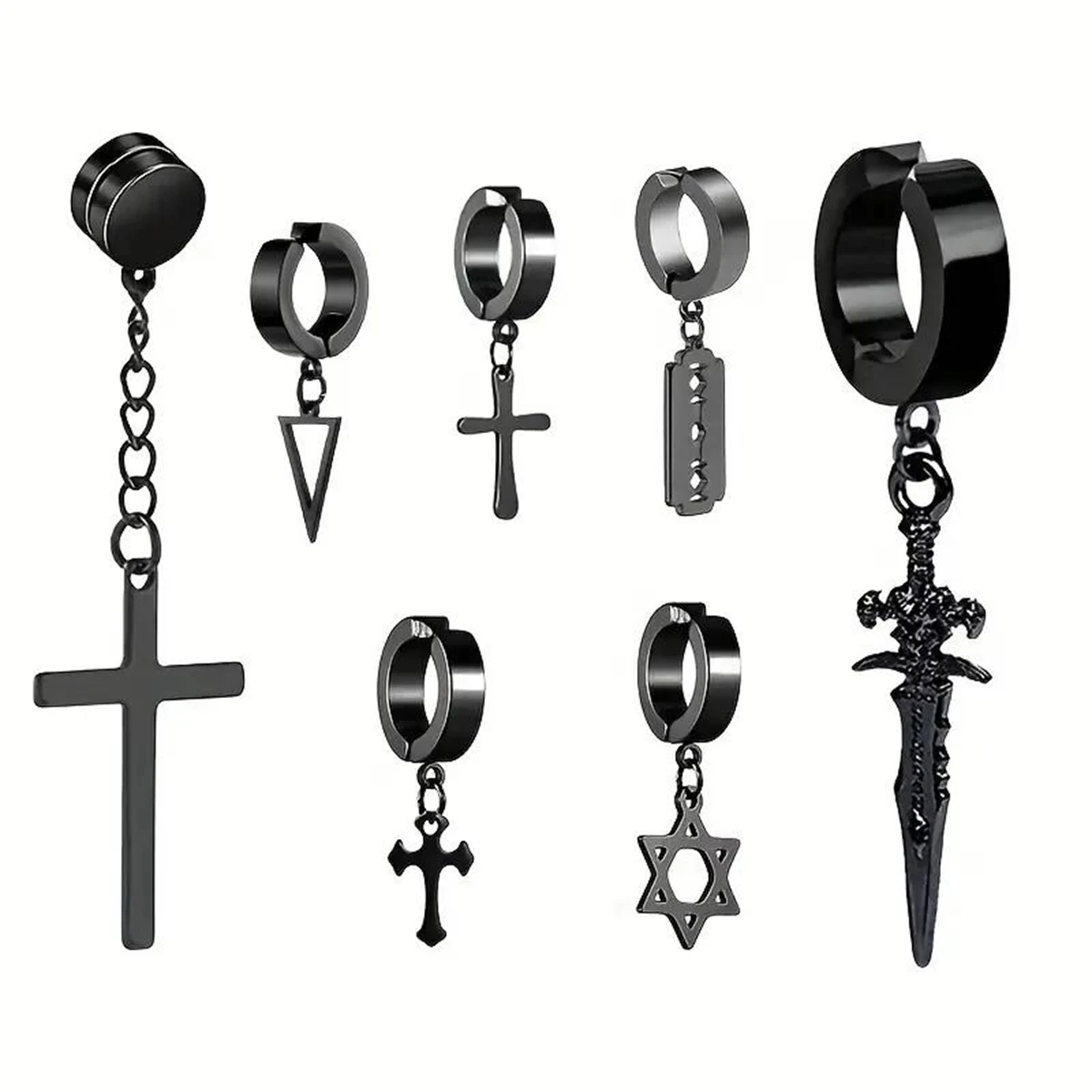 7 pcs men\'s punk cross lightning star array stainless steel magnet fake earring sets