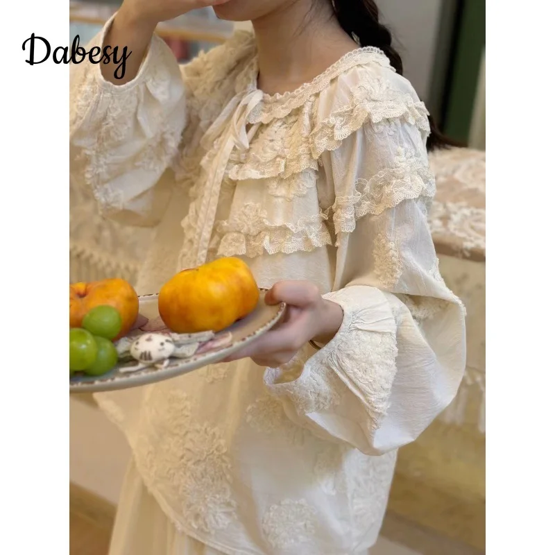 Vintage Elegant Design Ruffle Lolita White Shirt Women Japanese Mori Girl Lantern Sleeves Loose Blouse Autumn Female Kawaii Tops