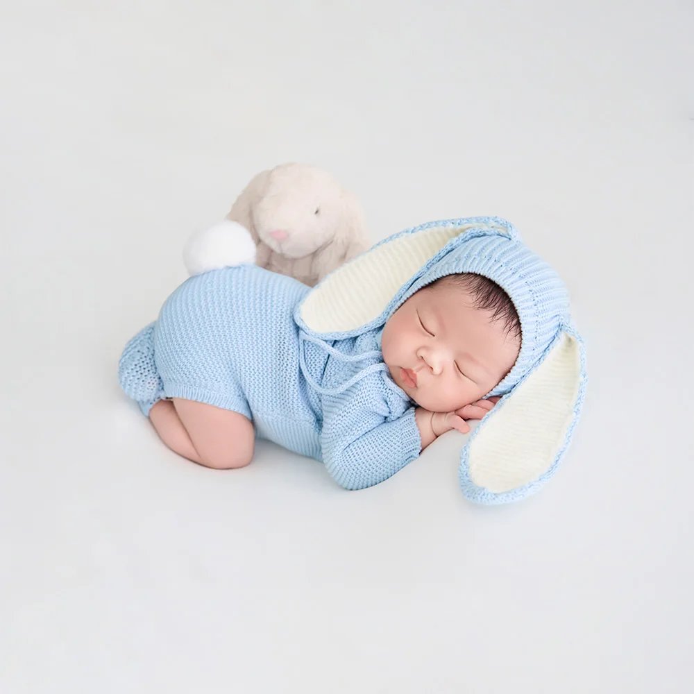 Blue Knit Newborn Photography Props Knitted Romper+hat+socks Set Plush Bunny Props for Studio Baby Commemorative Growth Shooting