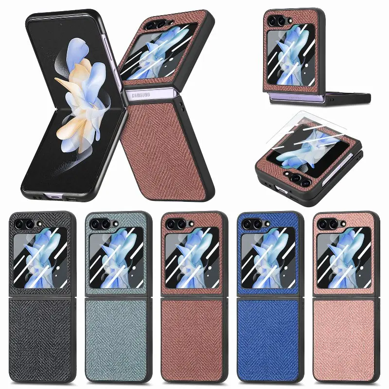 New Arrivals Retro Leather Flip Case Phone Cover For Samsung Galaxy Z Flip5 4 Window View Tempered Film Folding Phone Case