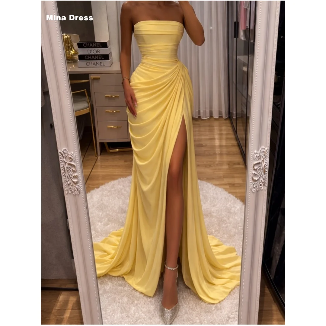 

Mina Customized Yellow Evening Dresses for Special Occasions High Slit Prom Dress Folds Tube Top Off the Shoulders Sleeveless