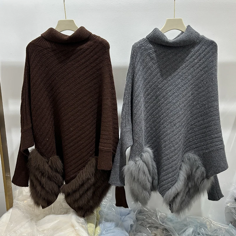 Women Autumn Grey Real Fox Fur Knitted Coat Real Fur Spring Bat Sleeve Sweater Wear