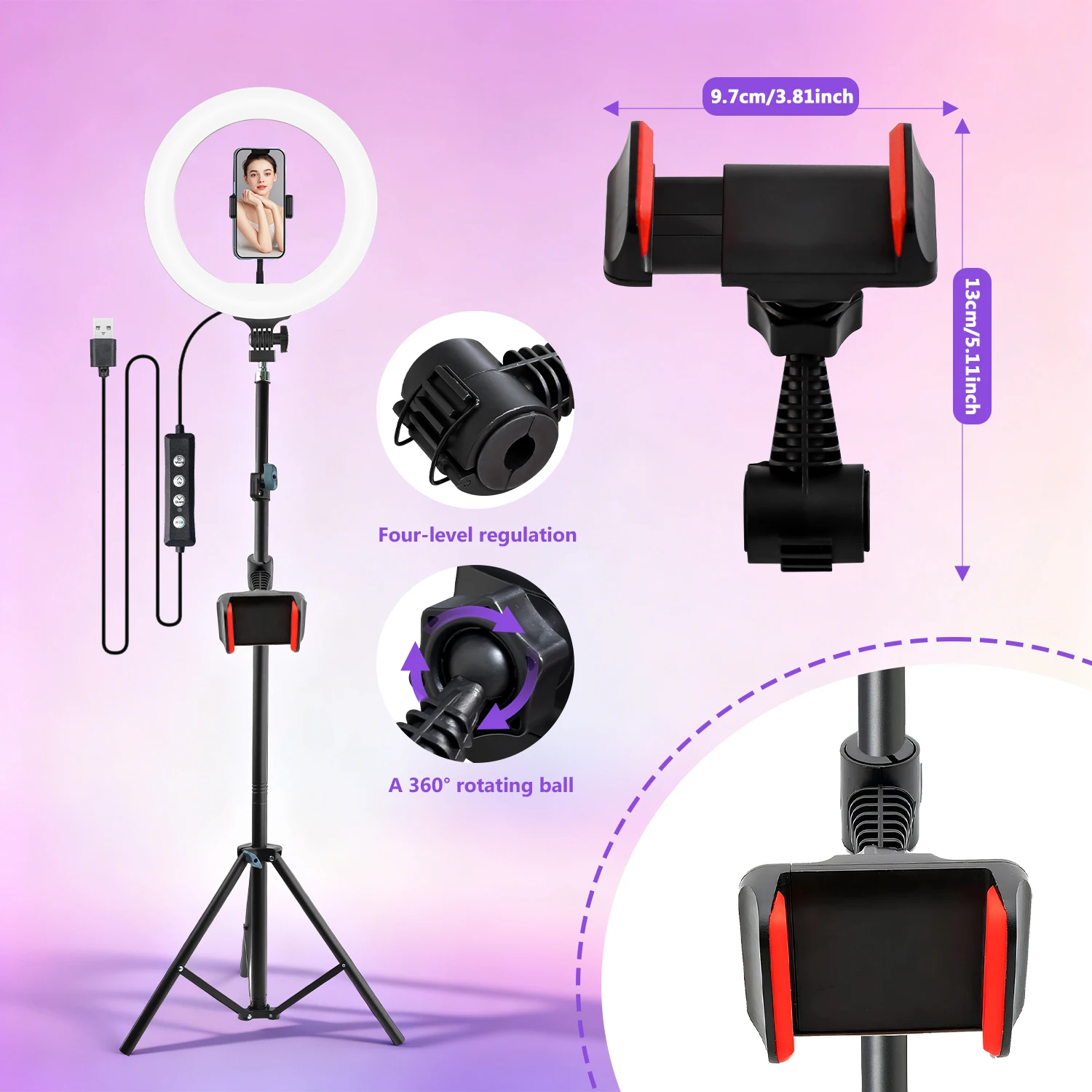 ضوء حلقة RGB قابل للتعديل مقاس 10 بوصات ومجموعة حامل ثلاثي القوائم 180 سم، 101 وضع إضاءة، حامل قابل لضبط الارتفاع حتى 70 بوصة مع حامل هاتفين #3