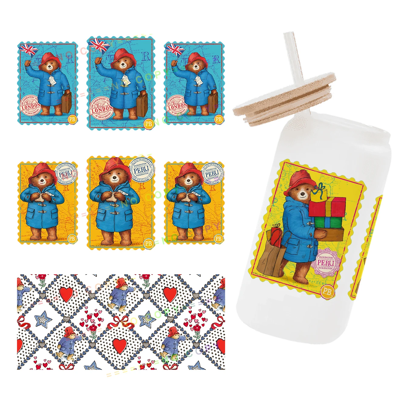 

Hot 11x24cm Cartoon Bear Designs Cup Wrap Sticker For Libbey 16oz Can Glass 3D Waterproof UV DTF Coffee Cup Sticker Libbey