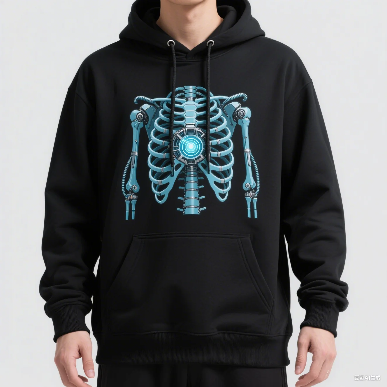 سويت شيرت بغطاء للرأس عالي التحمل 330G من Future Mecha Skeleton Print ملابس الشارع مع جيب