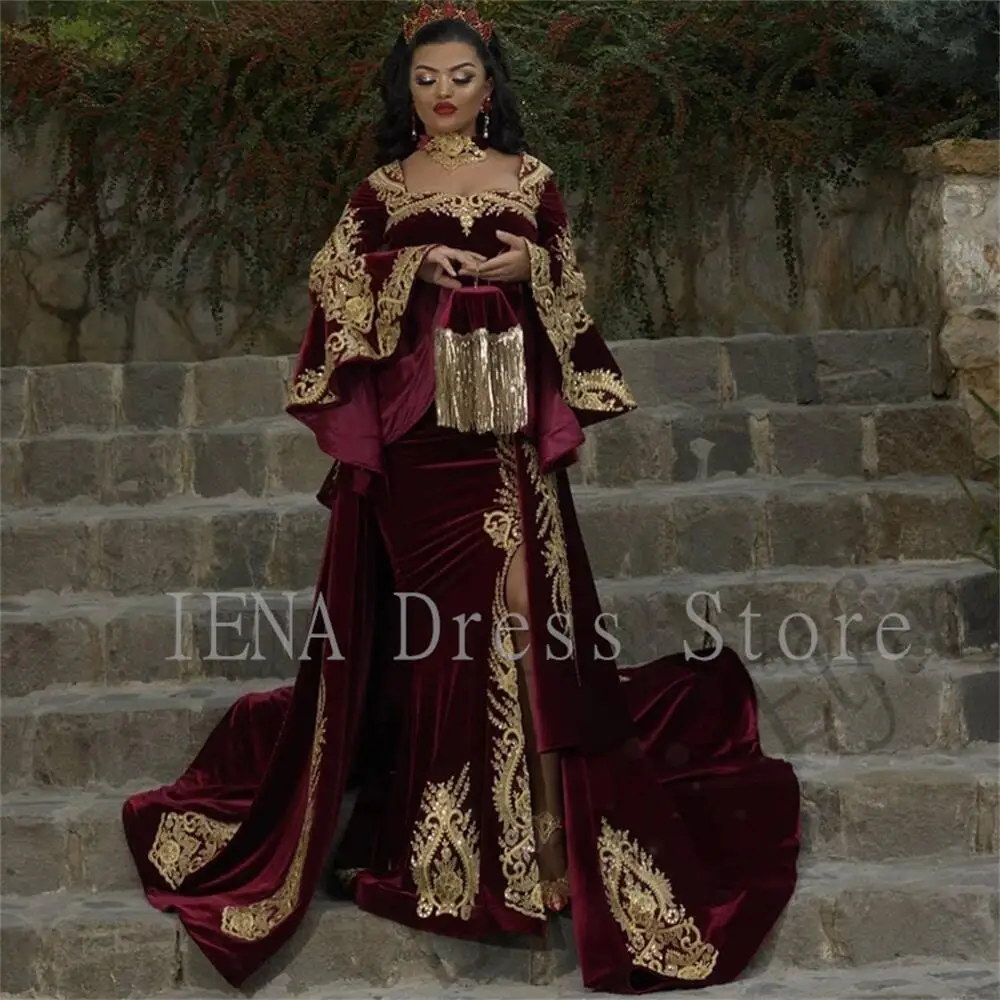 14627#Moroccan Caftan Velvet Arabic Evening Dress with Detachable Train Mermaid Prom Appliques Gold Lace Long Sleeve Party Gowns