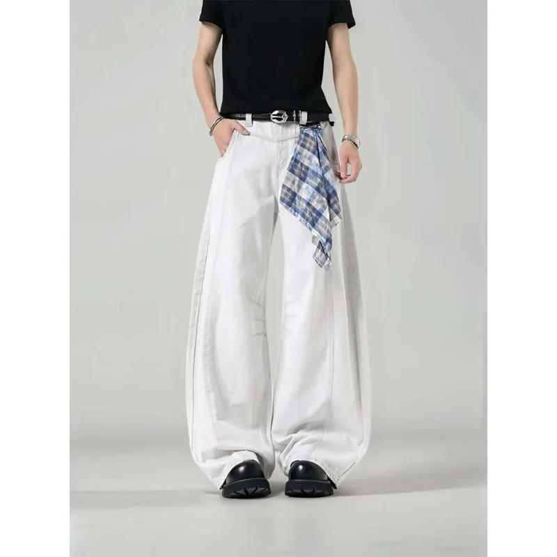 Men's Loose Wide Leg Plaid Pants White Men Autumn High Street Hip Hop Causal Trousers Baggy Fit Streetwear Brand American Style view 2