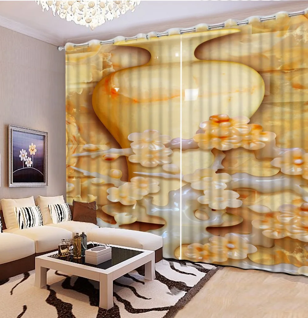 modern home decor 3d curtains custom curtains jade Plum blossom vase home bedroom decoration