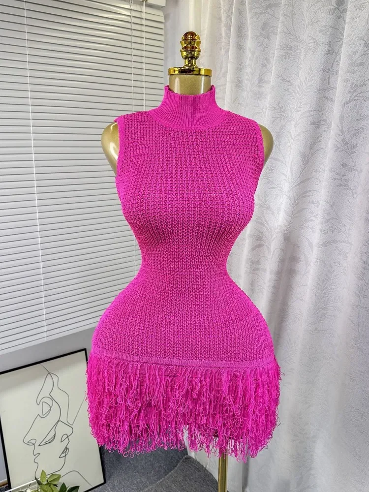 2025 Summer Women Elegant Round Neck Sleeveless Tassels Hem Bodycon Mini Knitted Dress Holiday Beach Party Clubwear