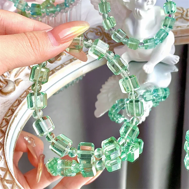 Natural Green Fluorite Quartz Clear Cube Beads Bracelet 8x8mm Women Apple Green Fluorite Jewelry Love AAAAA