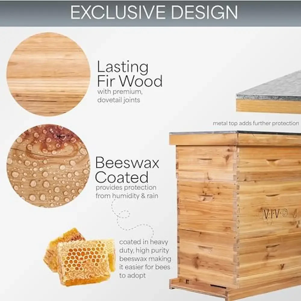 10 Frame Langstroth Beehive Kit with Hexagonal Foundation Sheets Beeswax Coated Bee Hive Set with Telescopic Roof and Queen