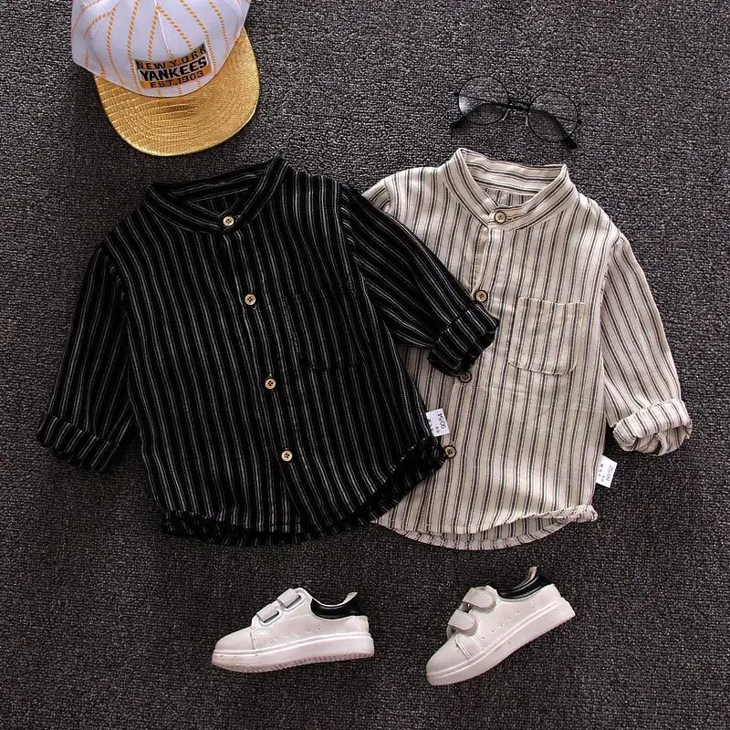 2024 Spring Summer New Boys Clothing Long Sleeve Striped Printed Round Neck Single-breasted Children Trend Korean Version Shirt
