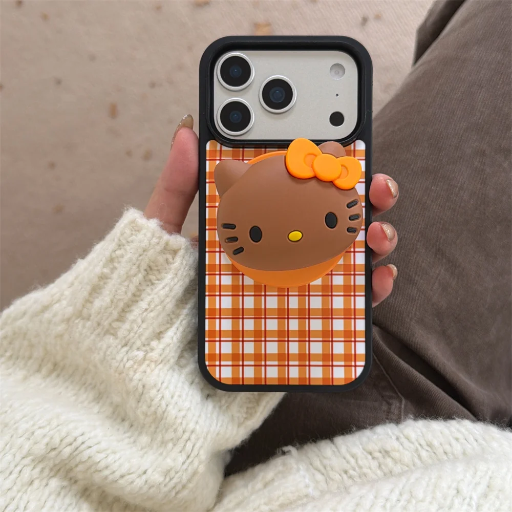 

New 3D Hellokitty With Magsafe Stand Plaid Phone Case for iPhone 14 15 Pro 16 Pro 17 Pro Max Cover Magnetic Protective Fundas