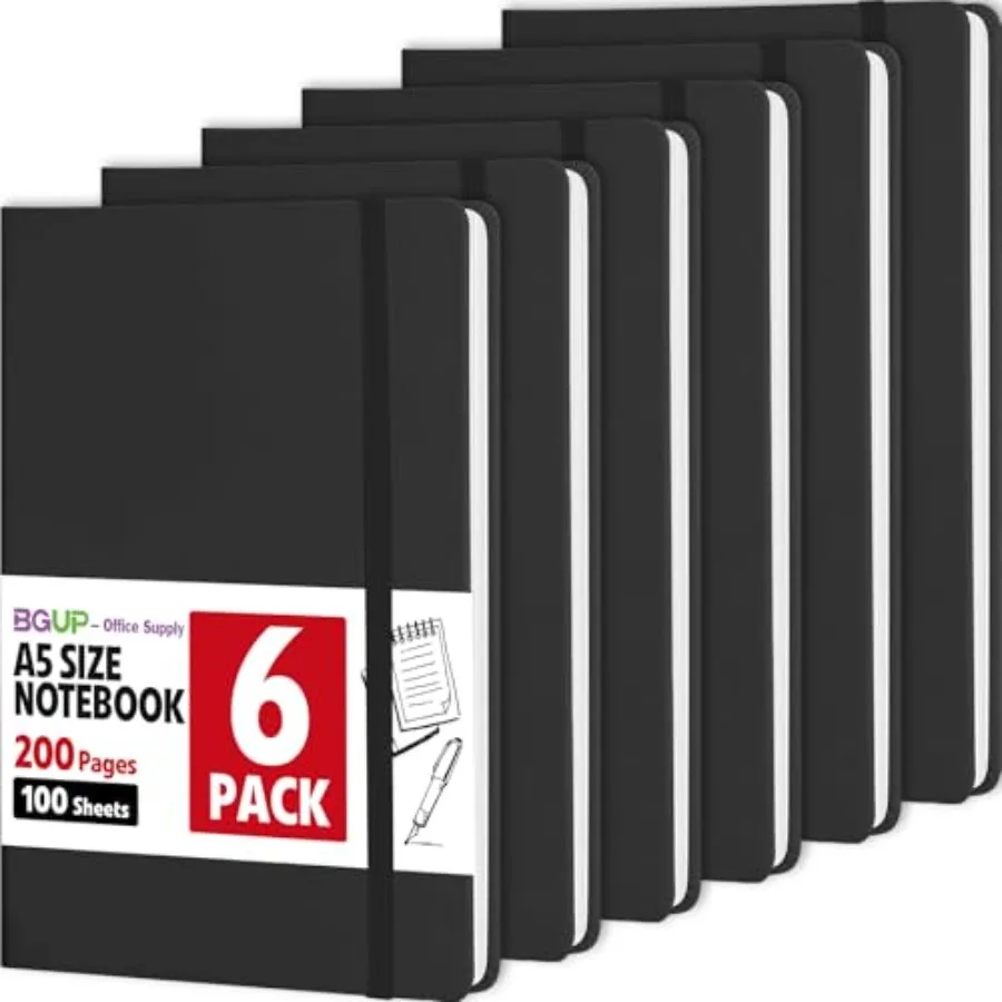 

6 Pack Lined Journal Notebook for Work, 200 Pages, Medium 5.5 in x 8.3 in, A5 College Ruled, Hardcover Journaling Notebooks for