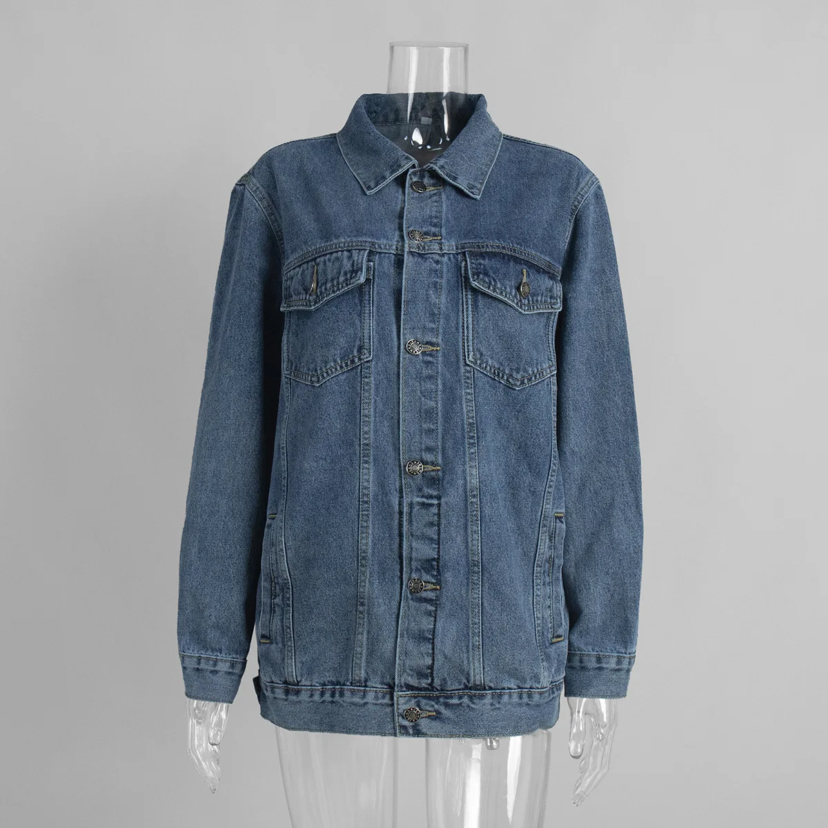 Vintage Dark Blue Denim Jacket Women Fall New Notch Lapel Loose Jean Coat view 5