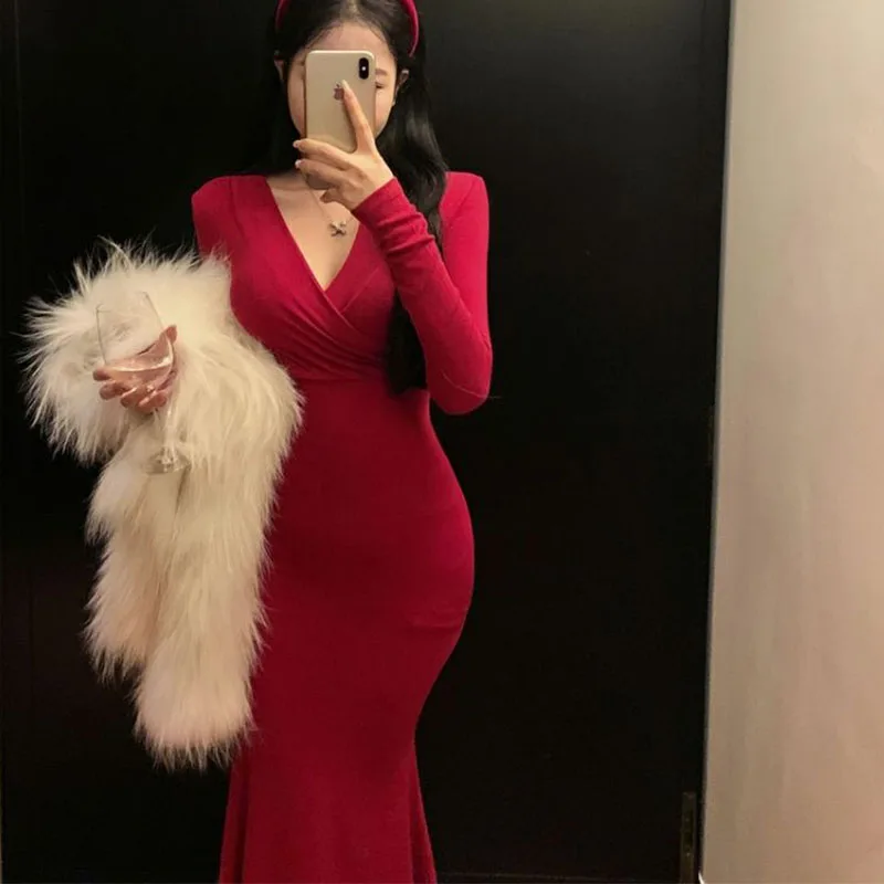 مثير الخامس الرقبة فستان بأكمام طويلة المرأة الخريف سليم الورك ذيل السمكة فستان طويل