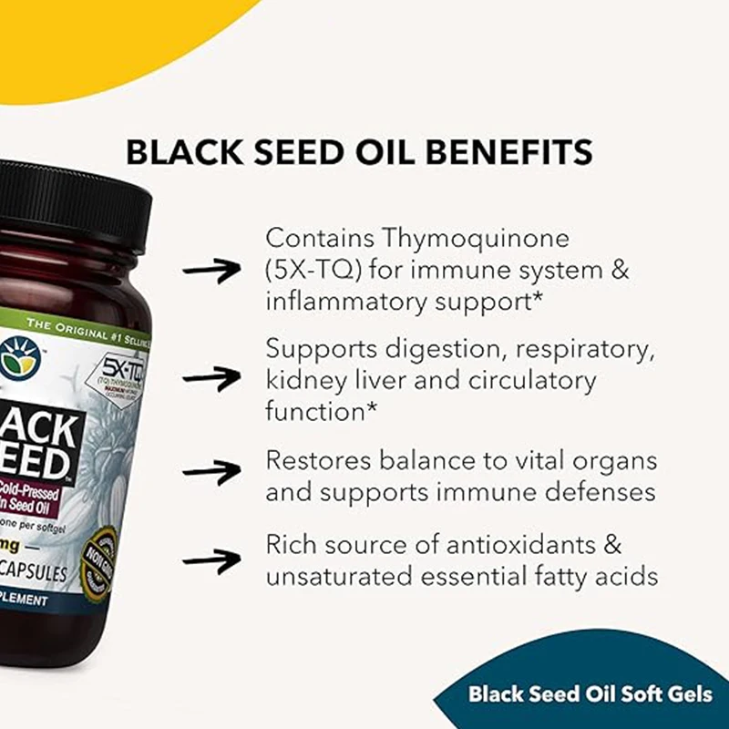 High quality black seed oil capsules - helpful for digestive health, immunity, brain function, gluten free, non GMO