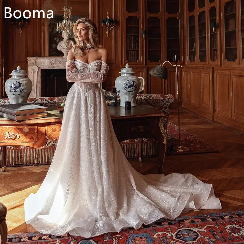 

Booma A-Line Off The Shoulder Pearls Pleat Elegant Wedding Dresses Lace Appliques Long Brides Gown Custom Made 2025