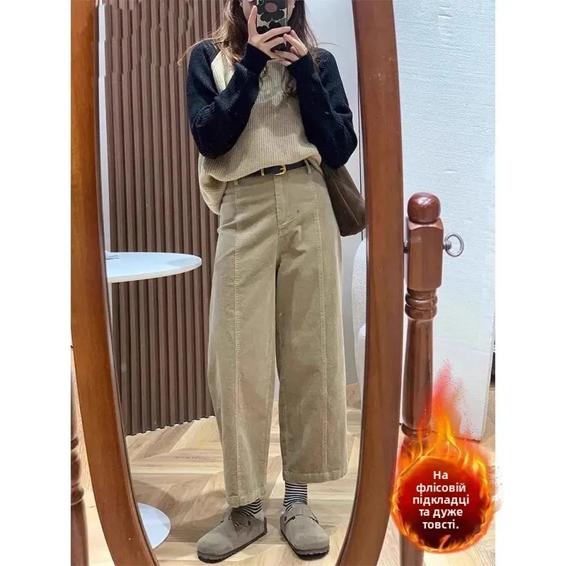 plus Size Women's Winter Fce Lined Vintage Harlan Pants Tapered Corduroy Casual Nine Point High Waist Cotton Blend