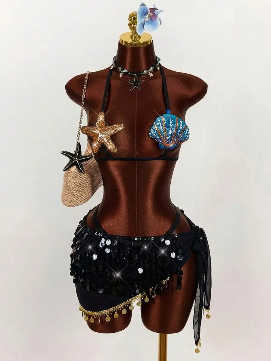 

3pcs Women Starfish Shell Bikini Set With Beaded Skirt For Vacation Festival