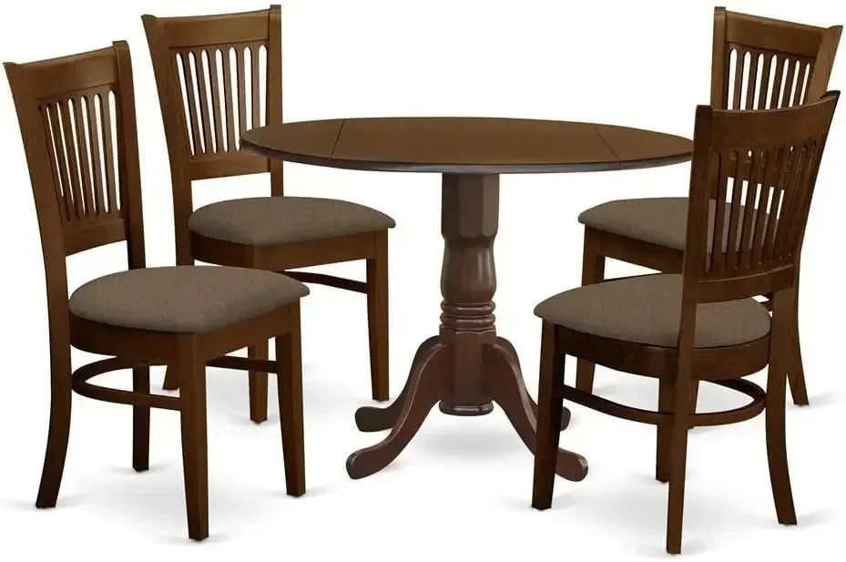 5 Piece Set Includes A Round Dining Room Table W/ Dropleaf and 4 Linen Fabric Upholstered Chairs, 42x42 Inch, Espresso New