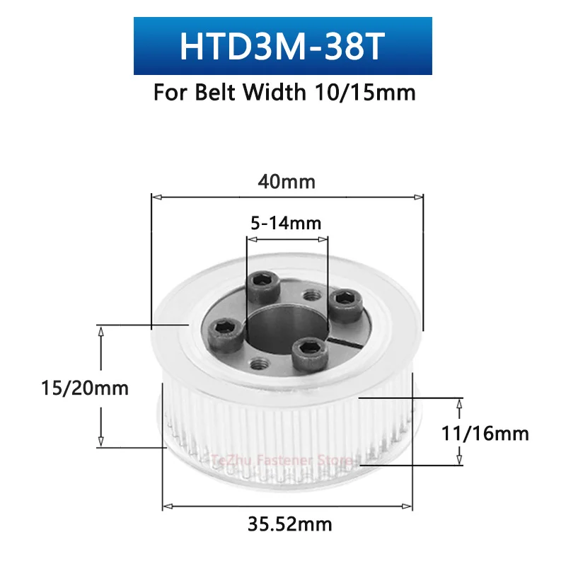 1pc 38 Teeth HTD3M Expansion Sleeve Timing Pulley Aluminum Keyless Bushing Synchronous Wheel for Belt Width 10/15mm Bore 5-14mm