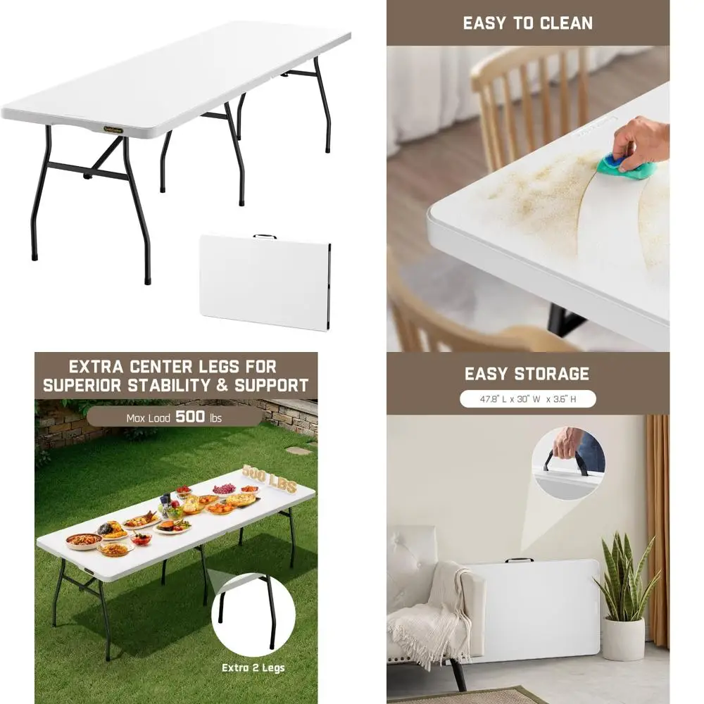 Heavy Duty 8ft Folding Table with Six Legs, 500 lbs Capacity, Plastic Fold-in-Half Table for Indoor Outdoor Use