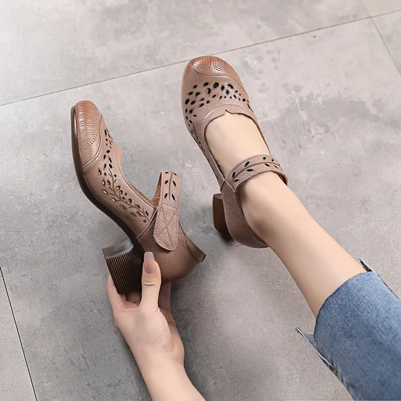 ZXRYXGS 2024 New Spring Summer Top Layer Cowhide Hollow Sandals Women High Heel Shoes Elegant Fashion Shoes Woman Leather Shoes