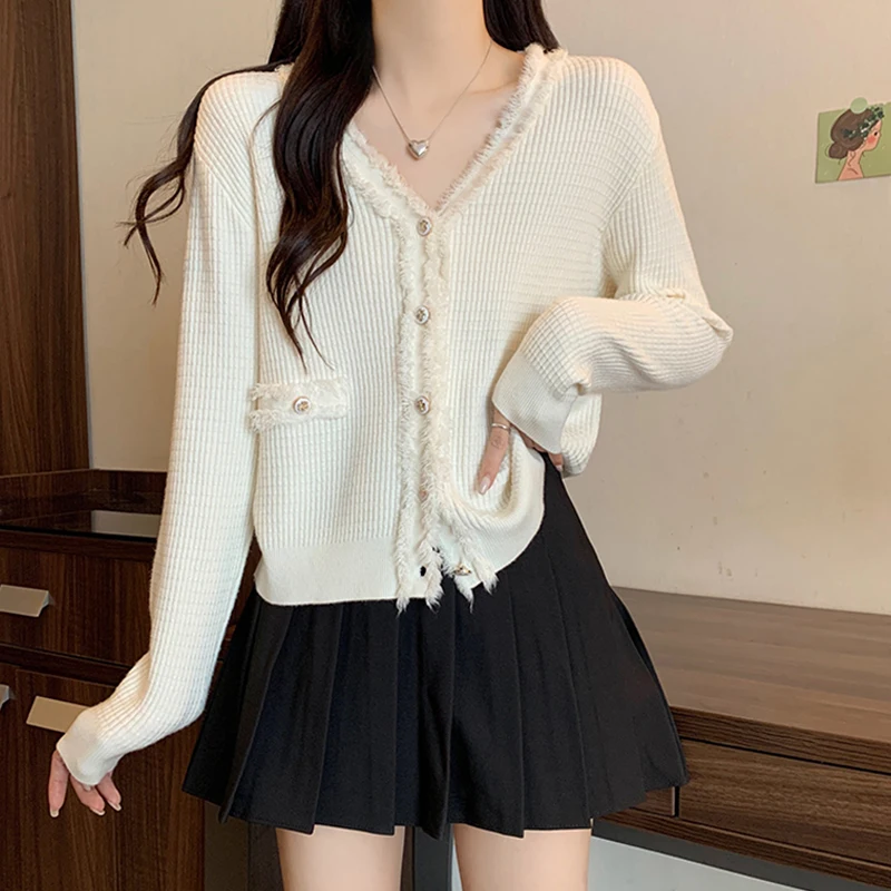 French Women's Solid Color V-neck Long Sleeve Tassel Raw Edge Casual Knitted Cardigan