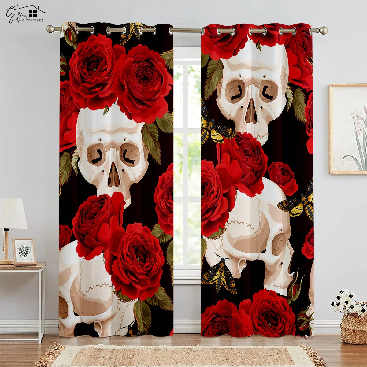 Halloween Christmas Skull Rose Curtains Retro Hippie Horror Tricky Secret Room Bar Bedroom Holiday Decoration Curtains 2PCS