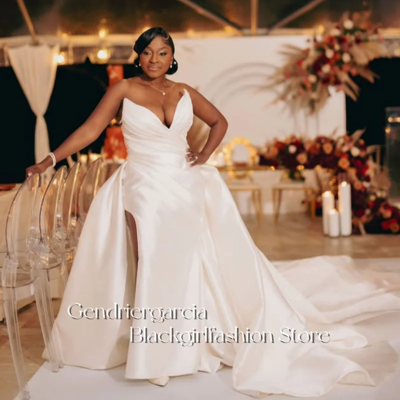 Simple White Satin Elegant Wedding Dresses V Neck Pleated Fit A Line Slit South Africa Bridal Gowns Customized