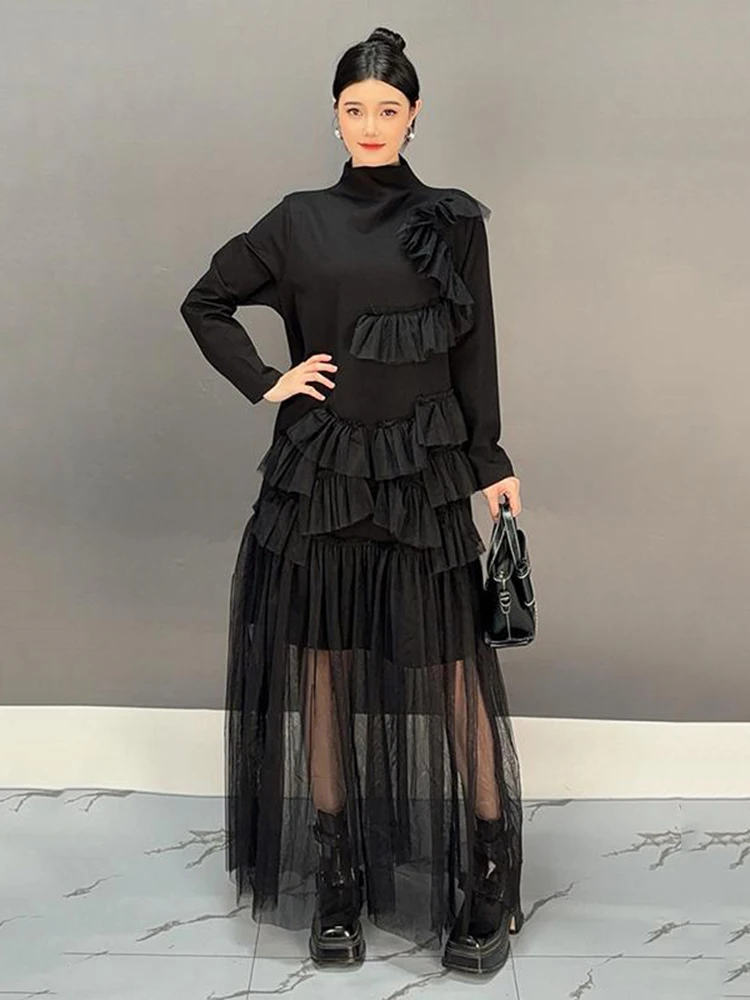 SHENGPALAE Spliced Guaze Long Dresses Women Stand Collar Full Sleeve Ruffles Solid Color Vintage Style New 2024 Dress 5C1546