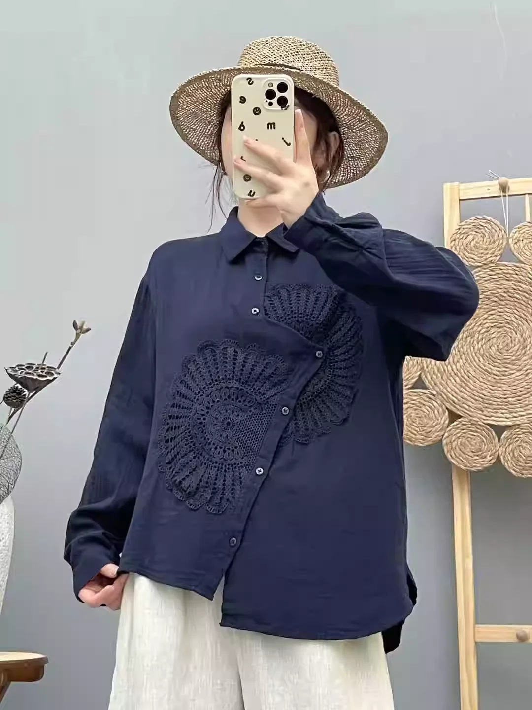 Autumn stylish women blouse 100% cotton yarn blue white embroider hollow out asymmetric shirts long sleeve blouses ladies tops