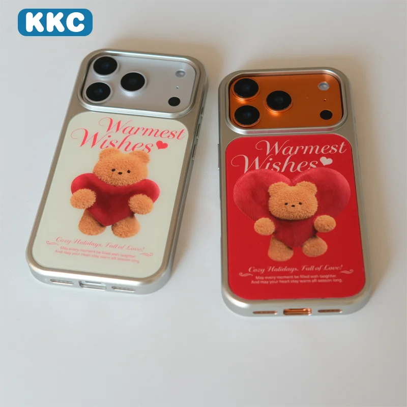 Nueva funda de teléfono anti-caída de epoxi con borde coreano INS, roja, mate, con diseño de oso de peluche, para iPhone XR/11/12/13/14/15/16/17 ProMax