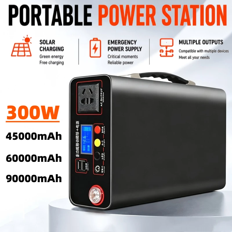 300W Portable Power Station 220V Solar Generator Outdoor Camping Emergency Power Bank 90000mAh LiFePO4 Backup External Battery