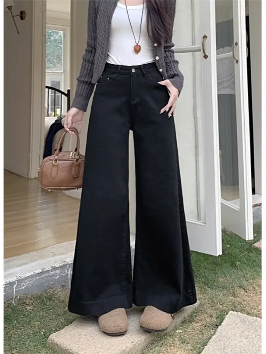

Женские джинсы с высокой талией, свободного кроя, прямые, черные, широкие штанины, из денима, весна 2026, новый стиль, струящиеся, комфортные, длинные брюки