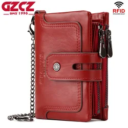 Genuine Leather Women Wallet with Zip Coin Pocket RFID Female Short Multi Function Credit Card Holder Fashion Money Bags Red