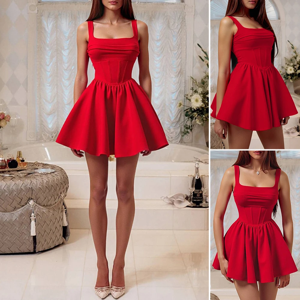 فساتين حريمي 2025 خريف ربيع أنيق أحمر عادي هيكل السمكة بلا أكمام رقبة مربعة عالية الخصر مطوي فستان منتفخ صغير