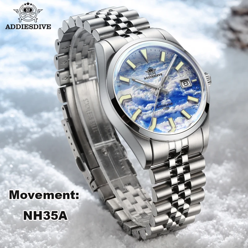 ADDIESDIVE 100M Diving Luminous Watches 3D Cloud Sea Dial Automatic Mechanical Watch Luxury Stainless Steel reloj hombre
