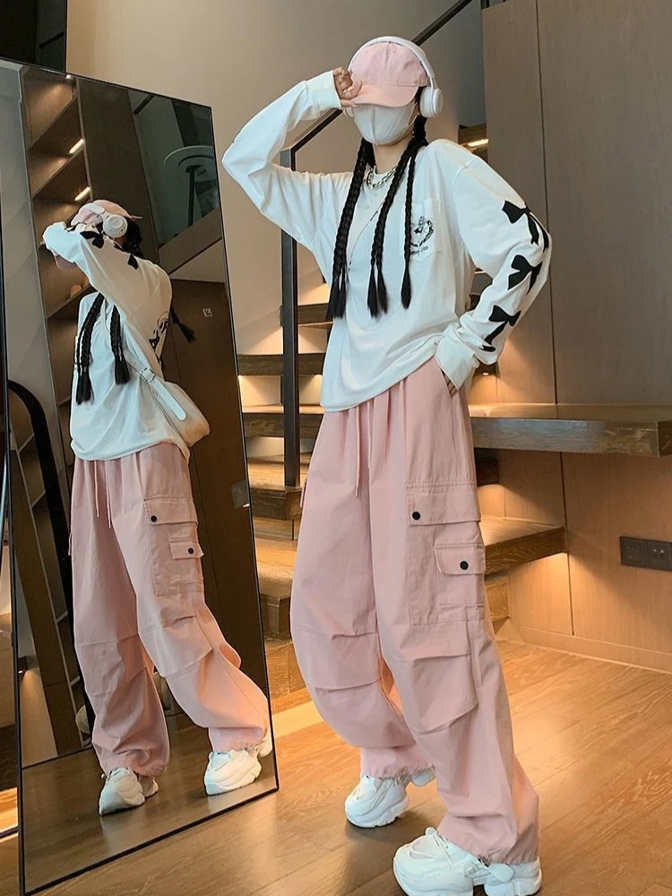 Women's Summer Cargo Pants Loose Fit Street Dance Style Multiple Pockets Comfortable Wide Leg Casual Trousers