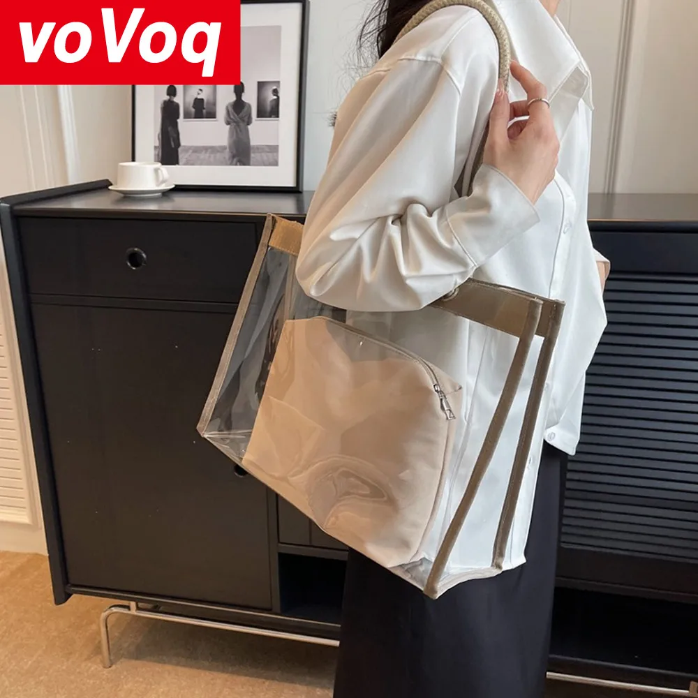 Trendy Transparent Tote Bag with Female Niche Design, Single Shoulder Simple and Large Capacity Waterproof Composite Bag