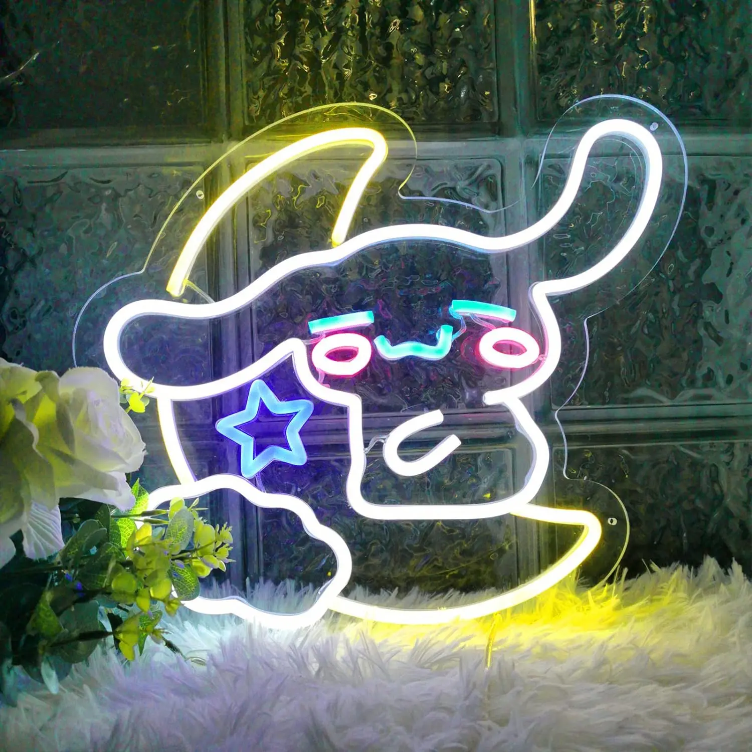 Cinnamoroll LED Light Sanrio Neon Sign Cinnamoroll Hug the Moon Neon Wall Light Cute Anime Room Decor for Cute Gift for Kids